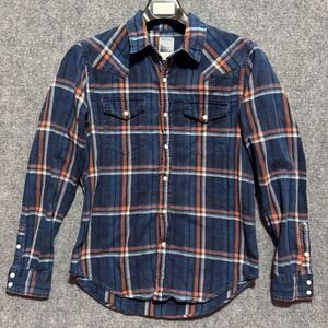 GAP Western Shirt‎ Mens Small Denim Pearl Snap Slim Fit Plaid Dark Wash